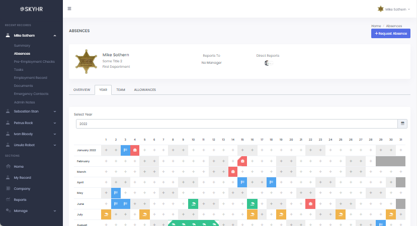 Screenshot of SkyHR's employee absence year screen