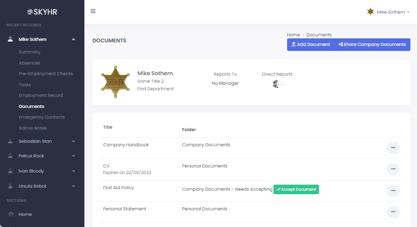 Screen shot of SkyHR employee documents screen