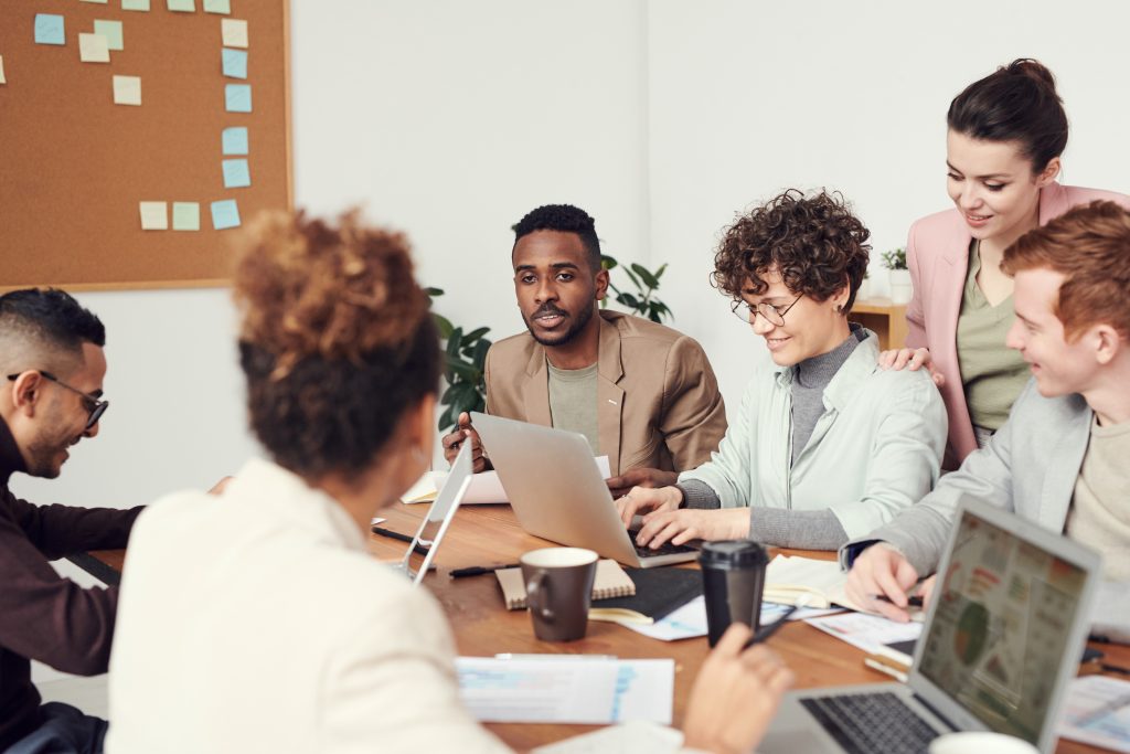 Group of employees having a feedback meeting