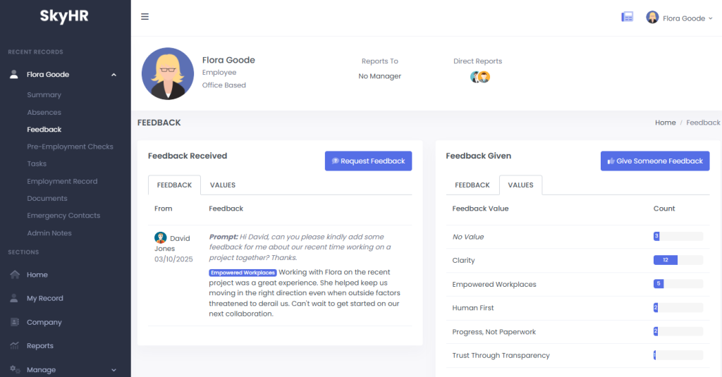 Screenshot of SkyHR Employee Feedback screen