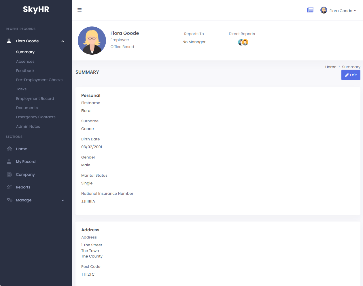 Screenshot of basic employee personal details